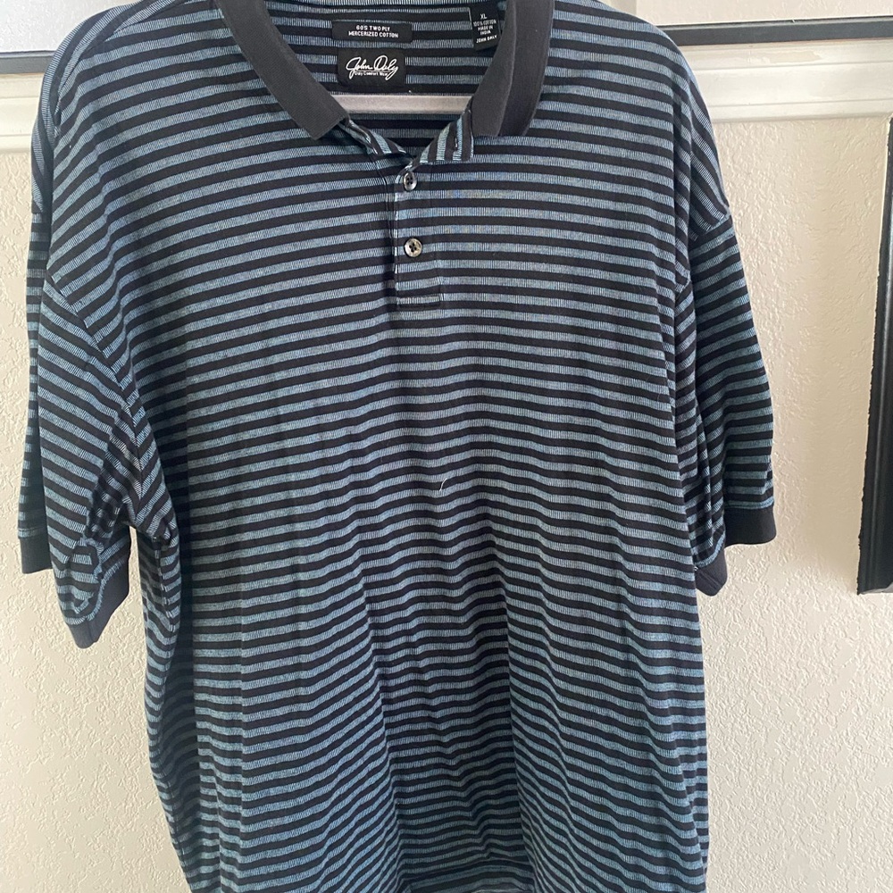 John Daly Navy and Black Striped Golf Shirt Mercerized Cotton XL